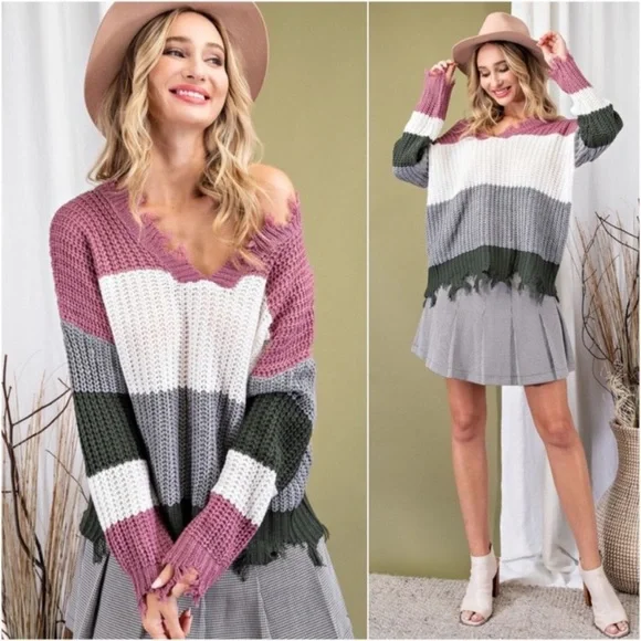 🌺LAST1️⃣ New Women’s Trendy Fall Distressed Frayed Colorblock Must Have Sweater - Picture 2 of 5